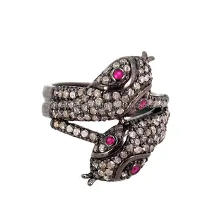 925 Sterling Zilver Diamant Pave Ruby Eyes Snake Shaped Ring Groothandel Leverancier