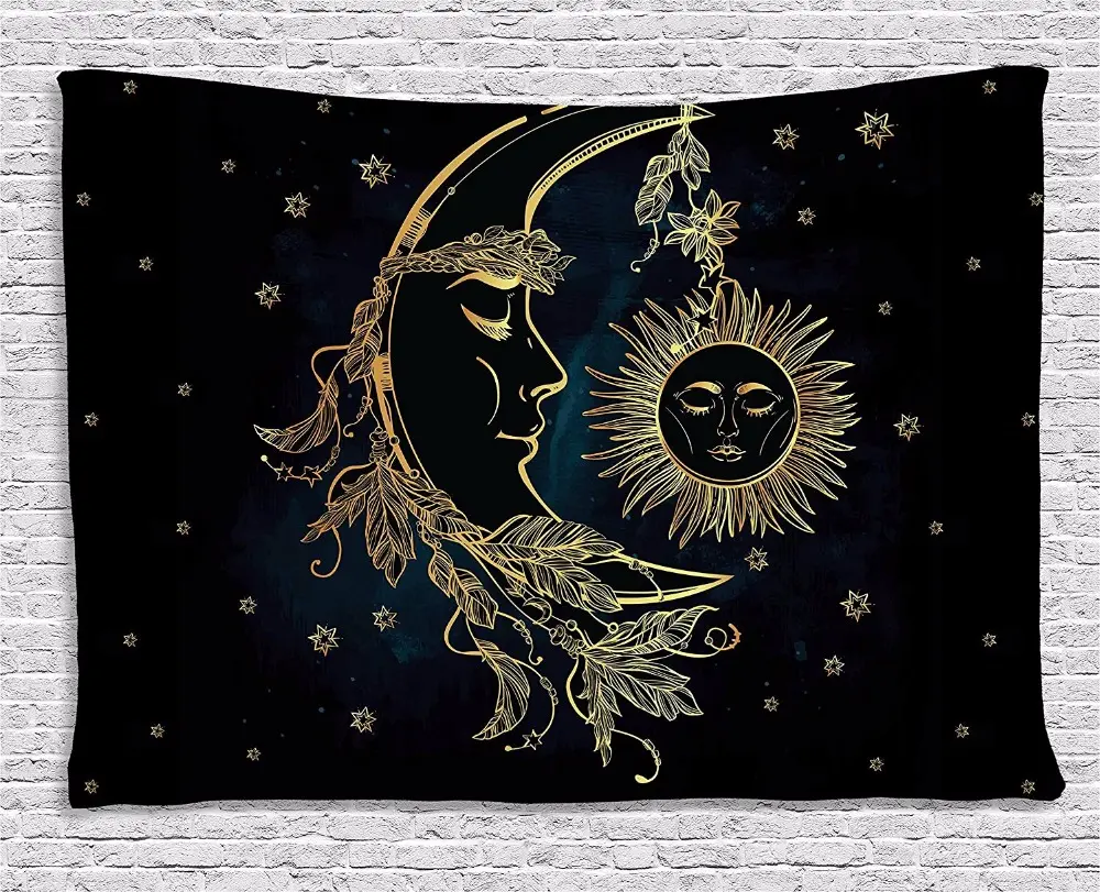 "BLESS INTERNATIONAL" Crescent Moon with Boho Feathers Alchemy Magic Egyptian Myth Design, Wall Hanging for Bedroom Living Room