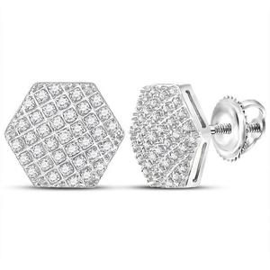 0.75 TCW Real Diamond Stud <b>Earrings</b> 14K White Gold Round Cut Cluster | Hexagon Design Screw <b>Back</b> Women Fine Jewelry Style Gift - Product Image 1