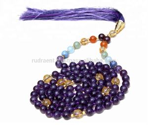 7 Chakra bohemio Mala anudado borla collar amatista piedras preciosas Piedras Naturales curación cuentas de cristal con Fiesta de diamantes - Product Image 1