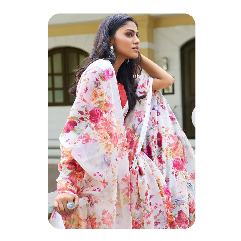 Saree de seda de algodão estampado digital premium para festas de grife de venda quente na Índia