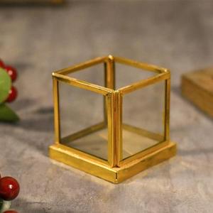 Gold Cube Jewelry Box With Transparent Glass Panels Minimalist Design Polished Metal Frame 1 Layer Storage - Product Image 1