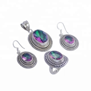 Ensemble de bijoux de pierres précieuses en argent sterling 925 à quartz mystique pour femmes, pendentif en plaqué or tendance, boucle d'oreille pour cadeau de fête. - Product Image 1