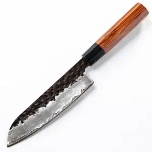 Pisau dapur Santoku besi tahan karat karbon tinggi Jepang 7 inci buatan tangan profesional pisau koki pegangan kayu 3 lapis AUS10