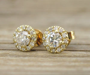 1.00 Carat Naturel Diamant Halo Stud Boucles d'Oreilles Or Jaune 14k Vintage Or Diamant Boucles d'Oreilles Diamants Naturels - Product Image 2