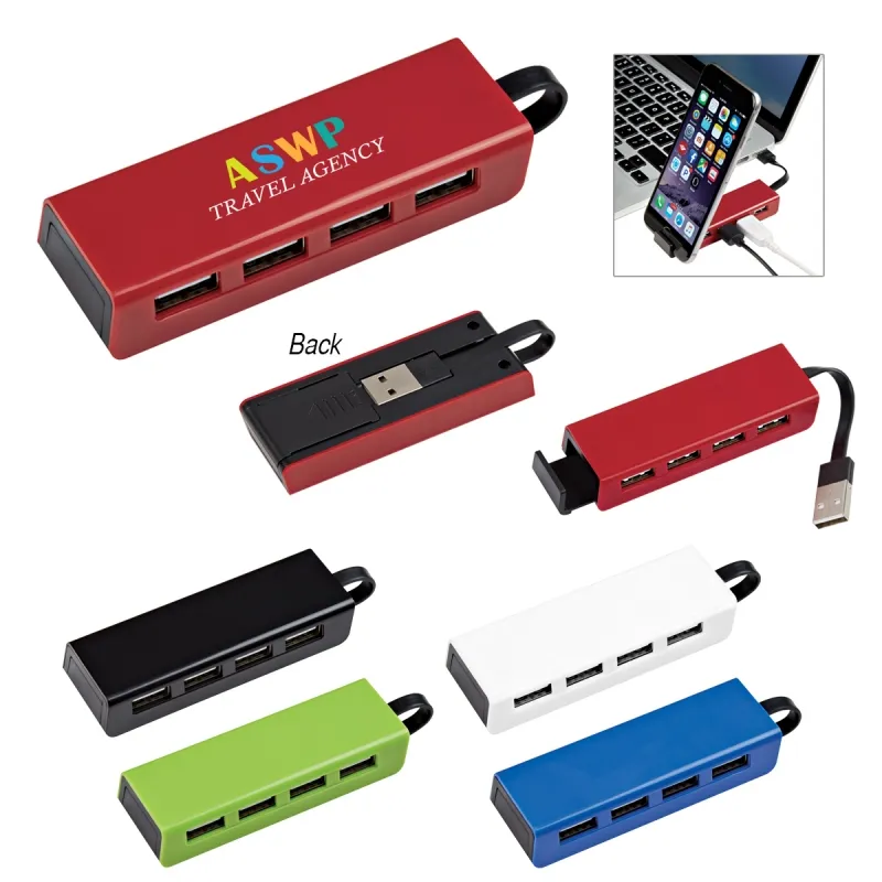 4-Port Traveller USB Hub Mit Telefonst änder-4 Hochgeschwindigkeits-USB-Anschlüsse, Kabel angebracht und darunter gespeichert, ausziehbarer Telefonst änder