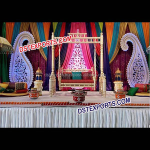 แต่งงาน Mehandi Sangeet สวิงเวที Mehndi ที่มีสีสันกับการตกแต่งรอกสีทองแกว่งแต่งงาน - Product Image 1