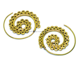 Vintage Tribal Style Dangle Drop <b>Hoop</b> Statement <b>Earrings</b> Brass Antique <b>Gold</b> <b>Plated</b> Women Spiral Stud <b>Earrings</b> - Product Image 2