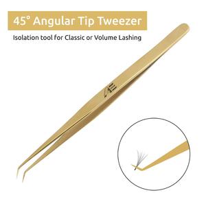 1 Pince à épiler professionnelle en acier inoxydable plaqué or, idéale pour les extensions de cils, à pointe angulaire 45°, vente en gros - Product Image 2