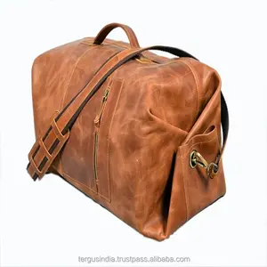 皮革行李袋隔夜防水大容量棕色顶级粒面皮革行李箱旅行行李袋男士