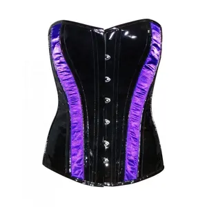 COSH корсет овербюст стальной черный ПВХ корсет с фиолетовой атласной собранной тканью одежда для вечеринок и клубной одежды ПВХ корсет от поставщиков