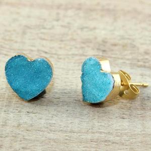 Indio mayorista azul natural ágata druzy stud pendiente en forma de corazón 24K galvanizado pendiente de las mujeres declaración pendiente - Product Image 2