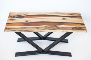 Mesa de centro de madera efecto 3D resina brillante ámbar borde Liive río epoxi indio - Product Image 2