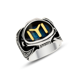 925K Sterling <b>Silver</b> Ottoman Dirilis Blue Enamel <b>Men</b> <b>Ring</b> - Product Image 1