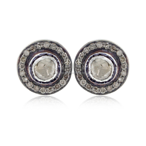 Pendientes de botón de plata 925 oxidada con diamante Polki natural, vermeil amarillo, 10 mm, cierre a presión, joyería fina - Product Image 6
