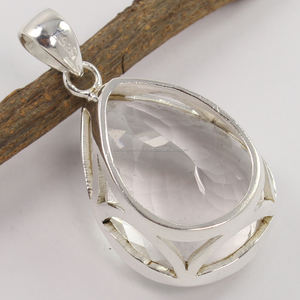 Vente en gros de pierres précieuses en cristal de quartz naturel 925 argent sterling massif solitaire pendentif en forme de poire serti de lunette - Product Image 2