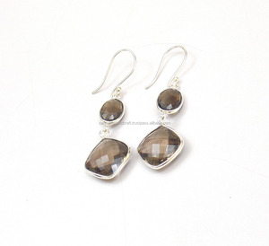 Smokey Quartz Gemstone With Silver Plated Handmade Fashionable <b>Gift</b> <b>for</b> <b>Her</b> Oval and Cushion Shape Hoop Earring - Product Image 2