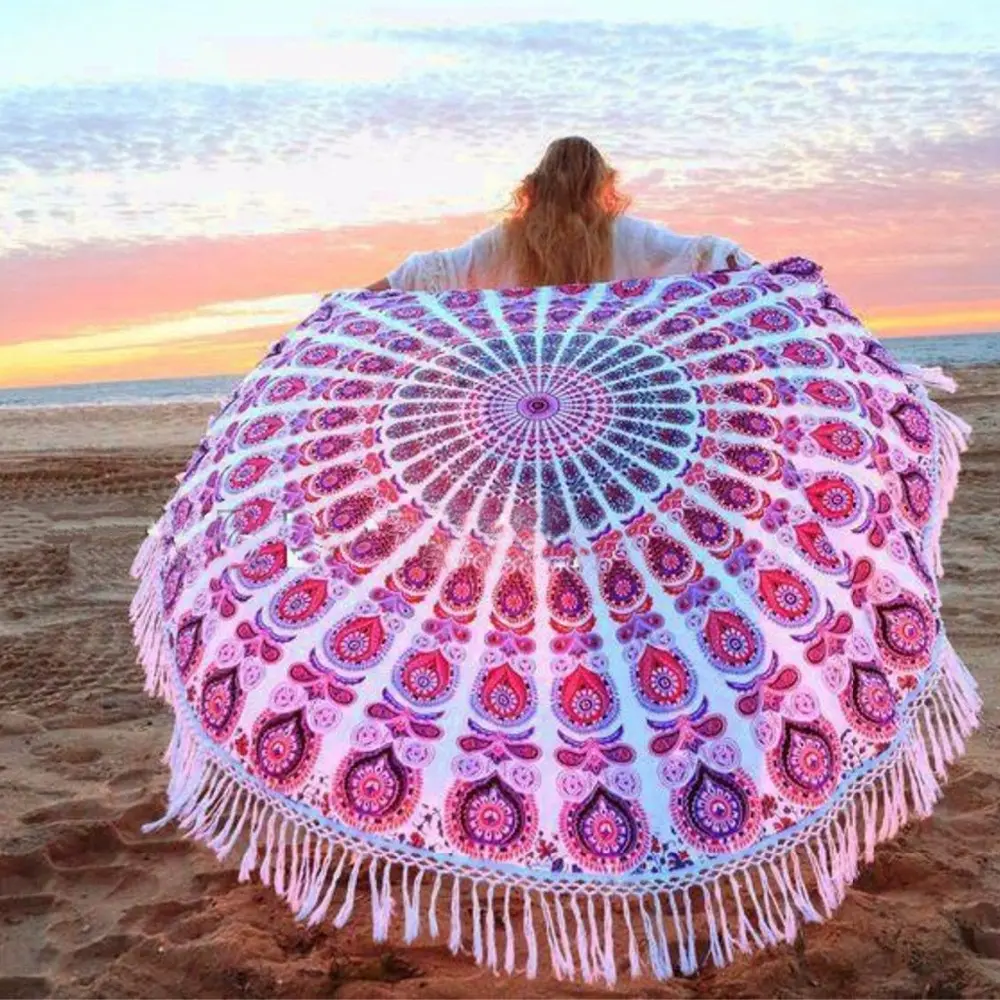 Tapeçaria redonda estilo indiano, capa de sofá e almofadas de algodão com mandala, arredondada para praia, com tapeçaria de estilo boho gypsy, cobertura de mesa de algodão, 70"