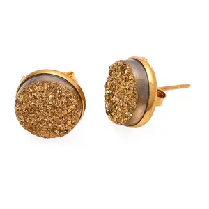 Gold Druzy Studs Earrings Handmade Attractive Gemstone Brass Collision Women Earrings