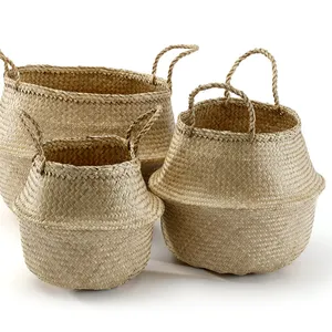 Natural seagrass belly eco-friendly vintage foldable baskets round wicker Material clothing storage laundry handmade products