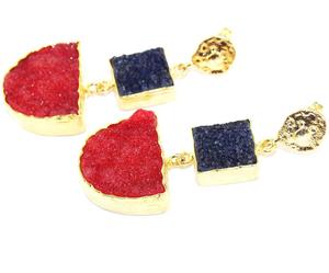 Genuine <b>Red</b> & Blue Crystallized Sugar Druzy Double Stone <b>Earring</b> Brass Gold Plated square with d Shape Dangler <b>Earrings</b> Jewelry - Product Image 2