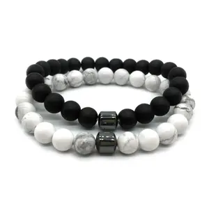 Pulseira artesanal howlite e onyx, bracelete de pedra gema natural feita à mão, joia da moda com 8mm