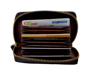 Artisanat Vintage fait à la main pur noir 100% en cuir véritable carte de crédit porte-carte d'identité femmes luxe fermeture éclair grande capacité portefeuilles - Product Image 5