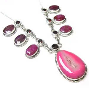 Sterling Zilveren Granaat, Druzy En Ruby Ketting, 925 Sterling Zilveren Sieraden Ketting