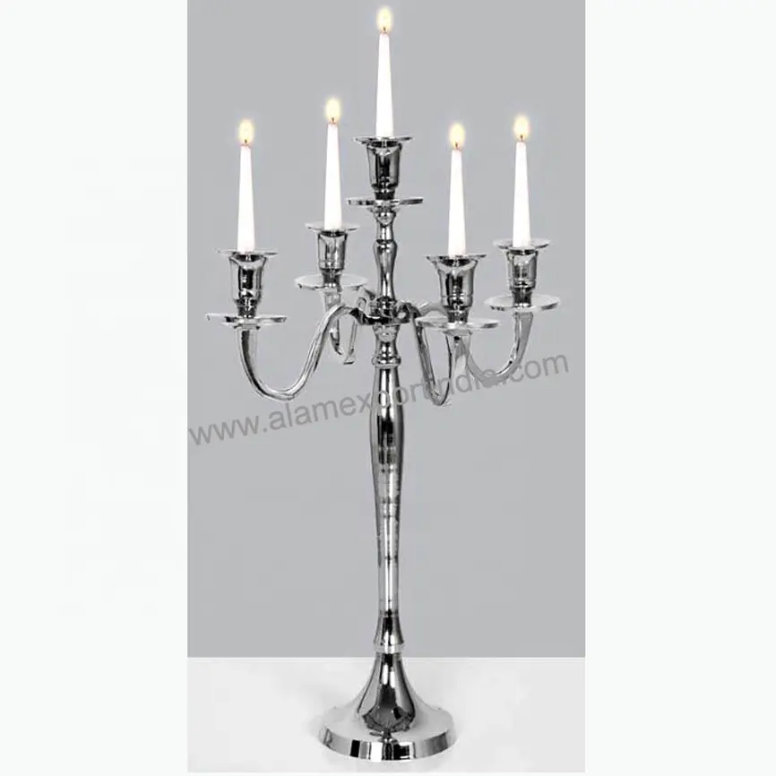 Mais recente Metal Prata cinco braços Candelabro para decoração do casamento Banhado a Prata Decoração Handmade Candelabro para Entryway & Part