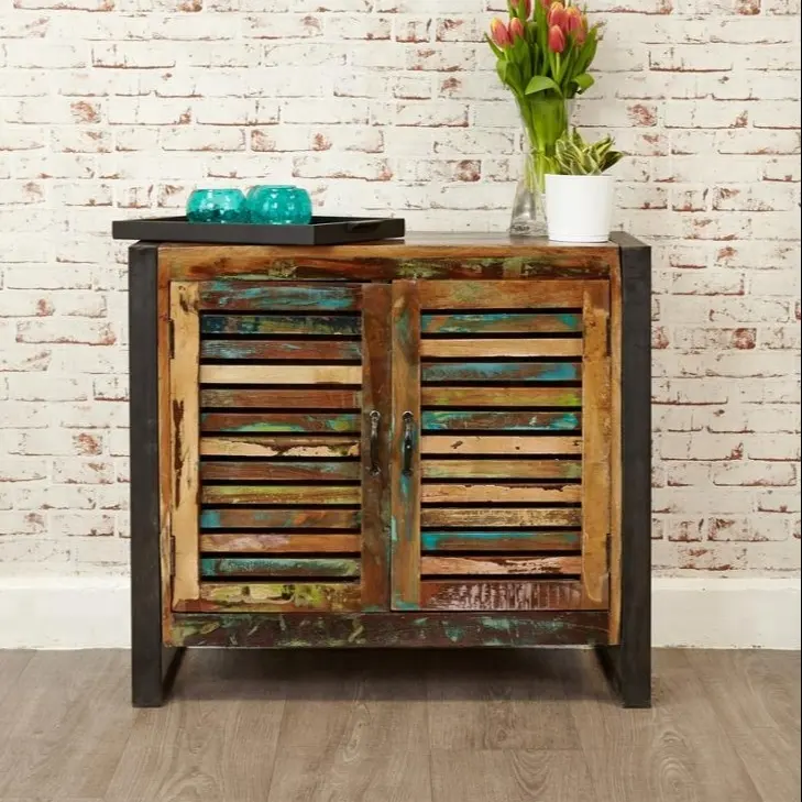 Vintage Industrial Shutter Panel Style Two-Door Sideboard Rustic Wood Recycled Dining Room Furniture for Living Room Furniture