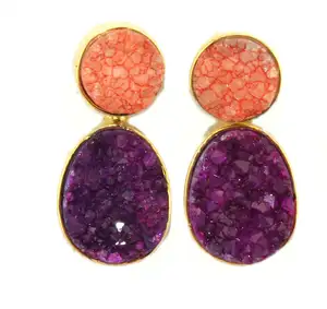 迷人系列天然紫色橙色糖德鲁兹耳环黄金镀金耳钉耳环女性饰品