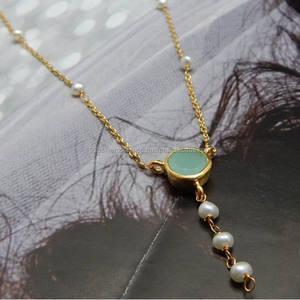 สร้อยคอโซ่ทำด้วยมือพลอยคาลซิโดนีน้ำแฟชั่นใหม่สำหรับทุกเพศของขวัญวันครบรอบแต่งงานทำจากทองเหลืองชุบทองและตัวเลขไม่ซ้ำกัน - Product Image 1