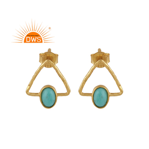 Natural Arizona Turquoise Gemstone Earring Triangle Shape Gold Plated Silver Stud Earring Supplier - Product Image 1