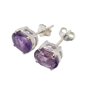 Solid 925 Sterling Silver Amethyst Gemstone <b>Stud</b> <b>Earring</b> Fancy Silver Jewelry for Women and Girls for Parties Anniversaries - Product Image 1