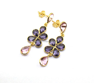 <b>Beautiful</b> Collection Natural Amethyst Quartz & pink Quartz Gemstone Drop <b>Earring</b> Brass Gold Plated Handmade Drop <b>Earring</b> Dangle - Product Image 3