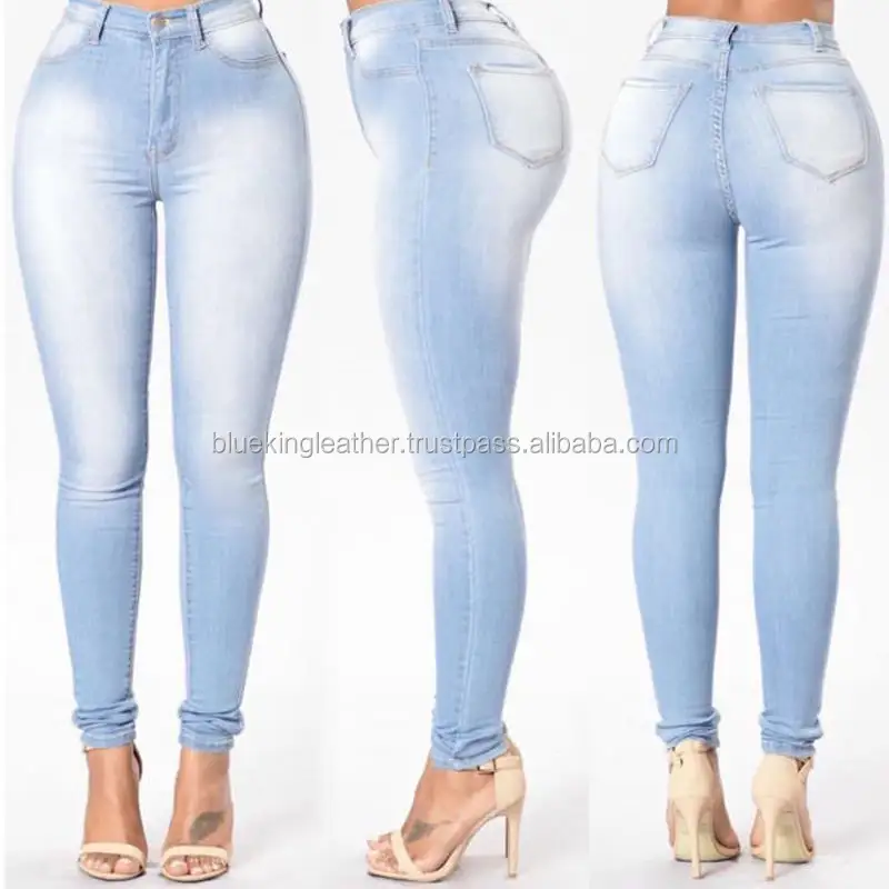 Vrouwen Hoge Taille Skinny Strakke Lange Sky Blue Jeans Potlood Stretch Denim Broek Broek