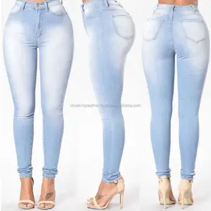 Las mujeres de cintura alta apretado largo azul cielo Jeans lápiz Denim Stretch Pantalones