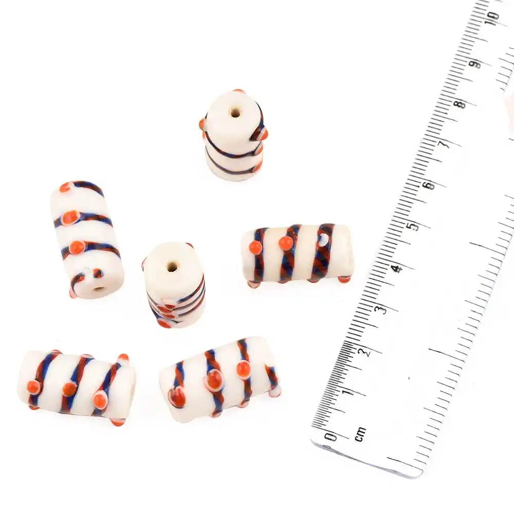 Colorful Striped White Loose Cylinder Shaped Glass Beads (12 in Pack)