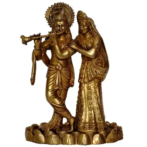 真鍮ロータスラダクリシュナ像ラダクリシュナ彫刻ヒンドゥー教の神のカップルギフト鍬の装飾の展示品