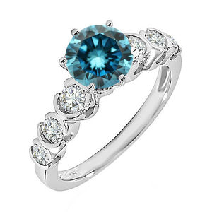 Bague de luxe en or blanc 14 carats avec diamant bleu |   Bague élégante en diamant bleu taille ronde pour femme, bijoux fins, cadeau d'anniversaire - Product Image 1