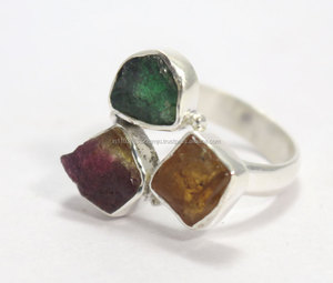 หลายสี3หินทัวร์มาลีนหยาบนักเก็ตหินหยาบแหวนแฮนด์เมด925เครื่องประดับเงินสเตอร์ลิงขายส่งราคาโรงงาน - Product Image 2