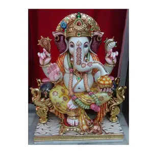 Lord Shri Ganesh Ji White Makrana Marble Double Shinning Painted Stone Sculpture For Home Decorative