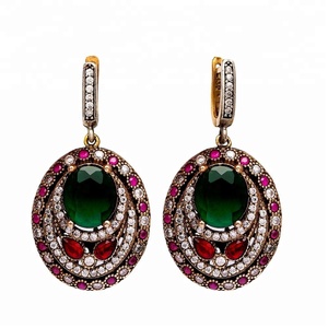 Emerald with Garnet Authentic Silver Dangle <b>Earrings</b> in Turkish <b>Handmade</b> Wholesale 925 Sterling Silver Jewelry - Product Image 1