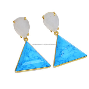 Elegantes y Bonitos Pendientes de Plata de Ley 925 con Calcedonia Blanca Natural y Turquesa, Chapados en Oro, Diseño de Autor, Regalo para Bodas y Fiestas - Product Image 2