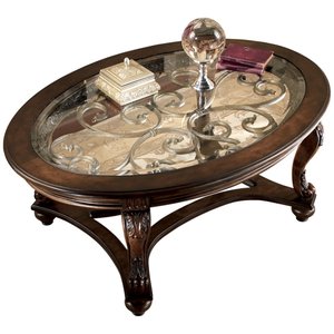 Mesa de Centro y para Cócteles con Tapa de Cristal Norcastle, Ovalada, Marrón Oscuro - Product Image 1