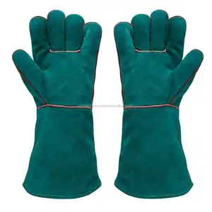 耐热牛裂皮革焊接手套绿色分体式双手掌增强