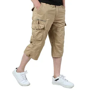 Shorts cargo elásticos casuais para homens, bermudas de sarja elásticas abaixo do joelho, shorts compridos soltos e longos