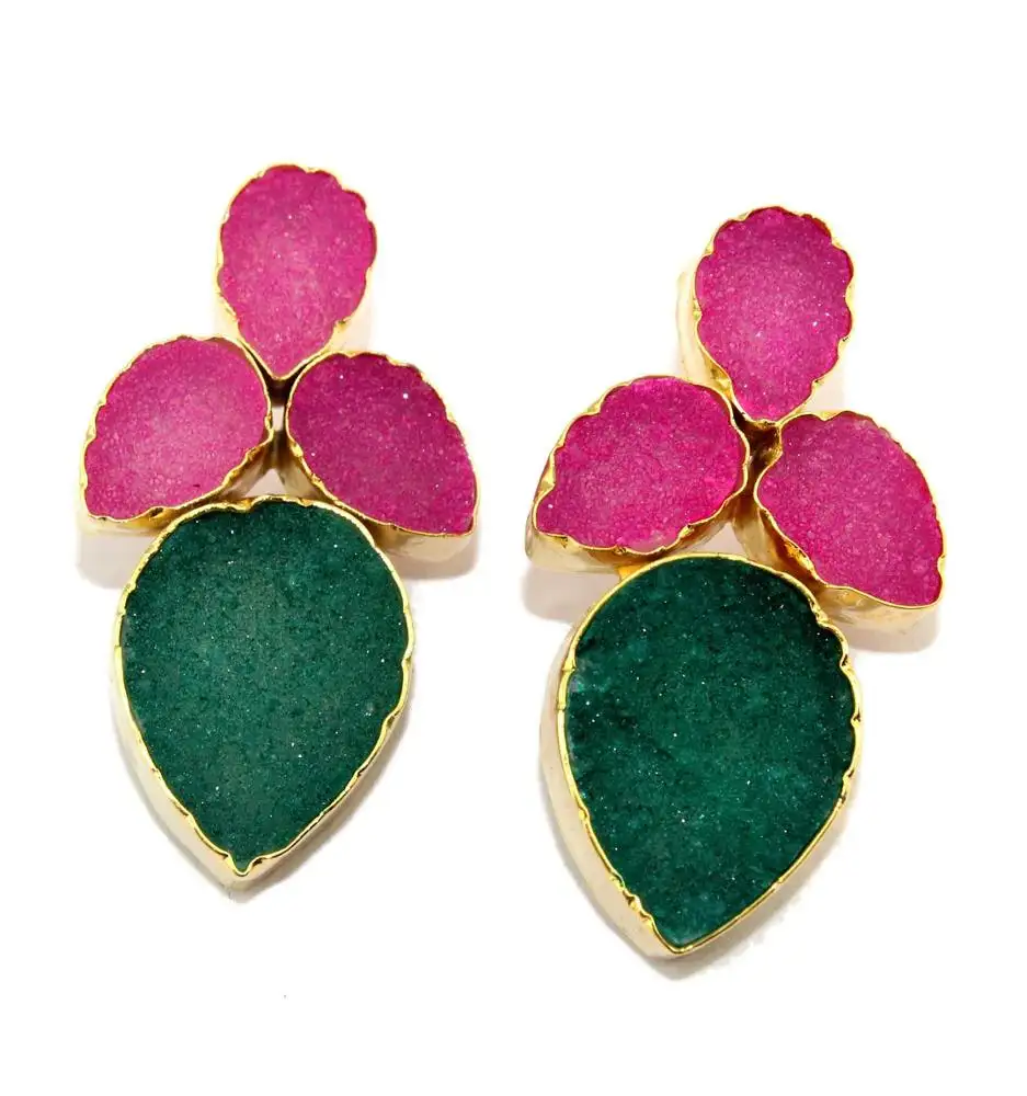 Good feedback natural pink & green druzy drop earring gold/silver plated earring hot sale beautiful design drop dangle earring