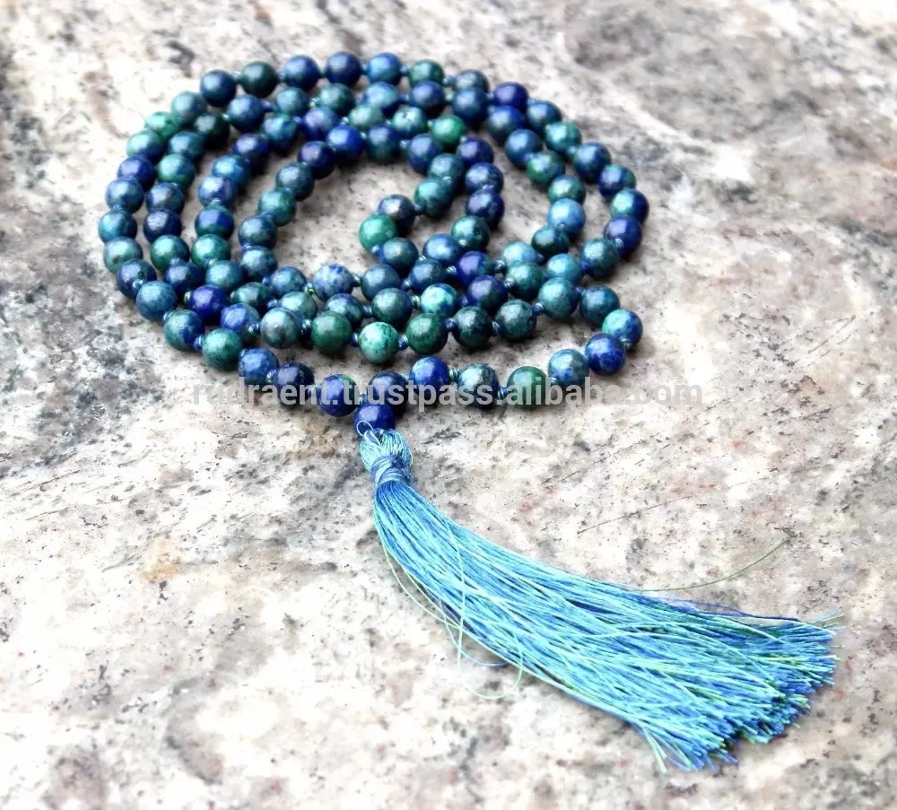 Crown Chakra crisocolla 108 Mala Beads Silk nappa gioielli collane buddismo classico 8 Mm liscio rotondo valutazione di terze parti