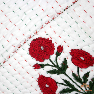 Hand Block Floral Printed Kantha Quilt Cotton Quilt Hand Stitched Kantha <b>Bedcover</b> Indian Vintage Blanket - Product Image 3